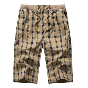 Mäns shorts Long Plaid S Bomull Summer 3 4 Längd byxor Back dragkedja Pocket Bermuda Manlig elastisk midjebyxor 230325