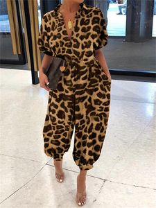 Women's Jumpsuits Rompers Celmia Summer Romper Women Sexy Leopard Print Retro Jumpsuits Short Sleeve Casual Loose Buttons Cargo Pants Vintage Overall 230325