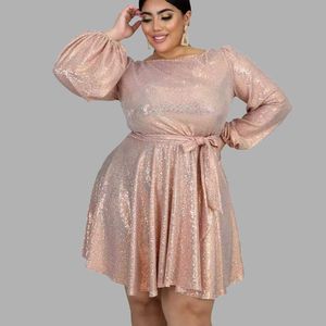 Plus Size Dresses Women Party Sequined Long Sleeve Slash Neck High midja A-Line Pink Wholesale Drop Shipping 230307