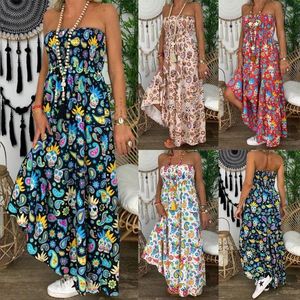 Casual Dresses Summer Womens Strapless Bandeau Floral Print Beach Boho Long Maxi Dress Tube Sundress Sexy Sleeveless Backless DressesCasual