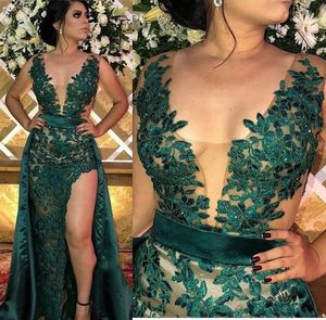 Hunter Green Split Evening Dresses With Detachable Skirt Sheer Illusion Bodice Appliqued Long Arabic Party Gowns Prom Wear