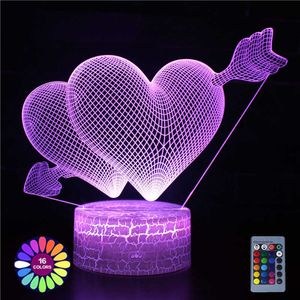 Luzes noturnas amor romântico led lâmpada noturna em forma de coração Night Light Room Decor Desk de ornamento 3D Lâmpada de aniversário presente namorada amantes do presente P230325