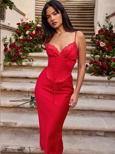 Casual Dresses Women Summer Tie Sexy V-Neck Lace Satin Party Nightclub Evening Street Beach Mid-Calf Dress Camis Red Green Black