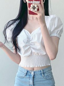 Women's Blouses Cotton Short Crop Top Woman Fashion Korea Japan Clothes Style Design Black White Draped Sexy Elastic Waist Slim Fit Blouse