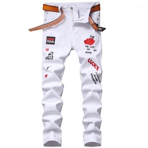 Jeans masculinos 2023 homens punk branco esbrangar bordado rosa letra masculina calça de jeans calça calça casual hiphop de rua incrível roupas incríveis