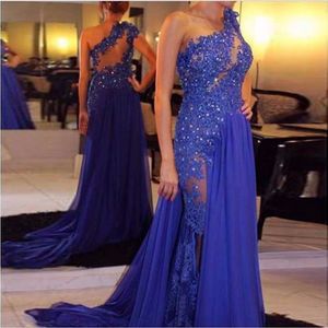Royal Blue Evening Dresses Floor Length Chiffon See Through One Shoulder Appliqued Lace A-Line Party Gown Plus Size