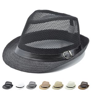 Stingy Brim Hats Wholesale fashion retro hollow curling gentleman straw hat belt jazz women outdoor beach sunshade 230325