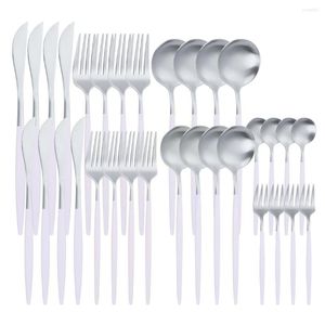 Dinnerware Sets 32Pcs White Silver Stainless Steel Cutlery Set Western Knifes Forks Spoons Matte Reusable Tableware Drop