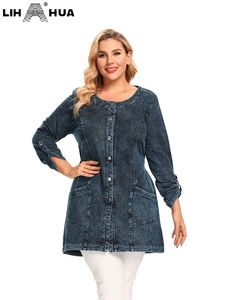 Casacos de roupas de tamanho grande feminino LIH Hua Jaqueta de jeans de tamanho grande feminino Autumn chic jaqueta elegante para mulheres gordinhas de manga comprida Jaqueta de malha de algodão 230325