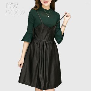 Casual Dresses Street Wear Genuine Leather Real Lambskin Strap Slip Dress Spring Autumn Women Black Slim A-Line Jurken Robe Femme LT2306