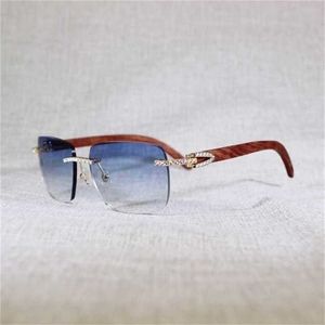 Damenmode-Designer-Sonnenbrille Vintage Strass Randlos Herren Natürlich Büffelhorn Pfauenholz Quadratische Brille Damen für Outdoor Shades Oculos