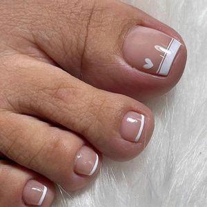 Falska naglar sommarvita franska falska tå set tryck på korta fyrkantiga bärbara nagel akrylsatser nakna färg fötter tips