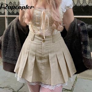 Skirts Rapcopter Khaki Lace Pleated Skirts Vintage High Waisted Mini Skirts y2k Prepply Korean Style Short Skirts Women Cosplay Buttom 230327