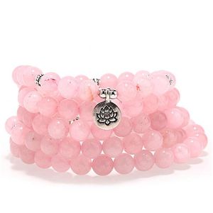 Venda de topo de miçanga 108 Pink Stone Natural Mala Bracelet Mulheres Yoga Jóias Buddhist Chakra Colar Heart Lotus Drop Dhshq