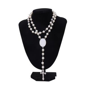 Sublimation Blanks Layered Choker Necklace Pearl Cross Women Pendant Long Rosary Bead Chain Jesus Catholic Crucifi Dh4El