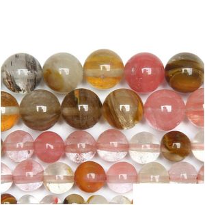 Crystal 8mm Natural Stone Smooth Volcano Cherry Quartz Loose Pärlor 15 Strand 4 6 8 10 12 14 mm plockstorlek för smycken Making Drop Dhknw