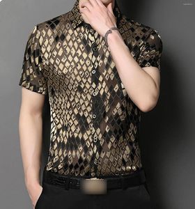 Men's Casual Shirts Mens Square Pattern Golden Color See Through CooL Short Sleeve Shirt Slim Fit Sexy Black