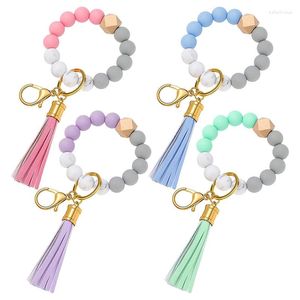 Strand 4 peças Silicone Key Ring Bracelet Wrislet Round com borla de couro para mulheres presentes do Dia dos Namorados