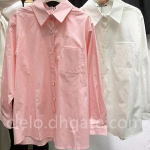 Camisa feminina de bordados de moda com logotipo pólo colarinho comprido blusa branca rosa sml