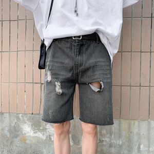 Men's Shorts Fashion Ripped Denim Shorts Men's Summer Thin Casual Straight Streetwear Hole Youth Male Knee Length Short Jeans Blue Black 230327