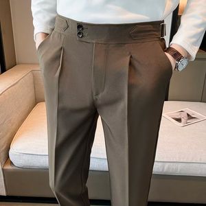 Męskie spodnie w stylu brytyjski solidny wysokiej talii spodnie Korea mężczyźni formalne blezer spodnie Slim Business Casual Suit Pants Hommes 230327