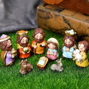 10pcs Resina Sagrada Família Natividade Figura Conjunto Jesus Figuras Ornamentos de Natal Decoração de Decoração de Cena de Tabletop 230327