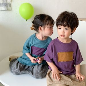 T-shirts Unisex Summer cotton linen patch short sleeve T shirts Children cool loose 3 colors Tees 230327