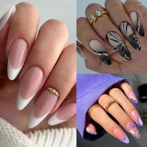 Falso unhas 24pcs manicure flores roxas púrpura nials nials francês borda branca blak butterfly amêndoa longa