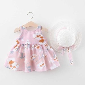 Girl's Dresses 2pcs Peach Blossom Flower Dress For Girls Summer Sweet Bow Baby Beach Dresses Newborn Kids Clothes 0-3 Years Old Children Hat