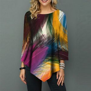 Kadın Tshirt Sonbahar Giyim Moda Baskısı 34 Kollu Tişörtler Sıradan Zarif Tişört Femme Tunik Bayanlar Tops 230327