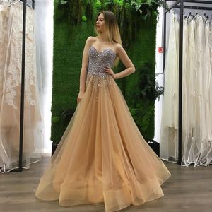 Luxury Champagne Long Prom Dress 2023 A Line Evening Party Gown Sweetheart Backless Beading Crystals Formell Woman Pageant Robe de Soiree