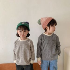 Tシャツ春秋の子供コットンソフトロングスリーブベースTシャツ子供の弾性ストライプトップス服230327