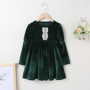 Flickaklänningar 2023 Spring Autumn Girls Long Sleeve Lace Princess Green Dress Toddler Kids Fashion For Party Children Casual Soft