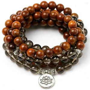 Strand Natural Smoky Crystal With Wood Beaded Armband Women Men 108 Mala Pärlor Buddha Charm Halsband Yoga Gift