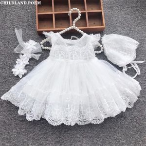 Flickas klänningar baby dop född bröllop 1: a födelsedagsfest flicka spets prinsessa vit spädbarn dopklänningar med hatt 230327