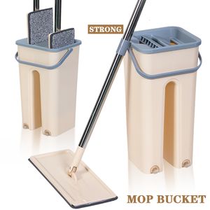 Mops Flaches Bodenwischer-Eimer-Set, Bodenreinigung, Handfreier Squeeze Mop, Bodeneimer, Edelstahlgriff, Boden, wiederverwendbarer Mikrofaserlappen 230327