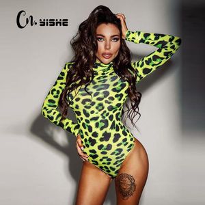 Kadın tulumları tulumlar cnyishe kadınlar uzun kollu leopar cilt prinetd bodysuit seksi neon yeşil sokak giysisi tulum sıska leopar üstleri moda tomurcukları 230327