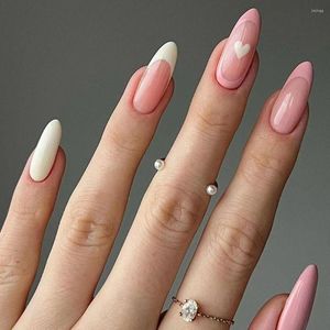 Falska naglar 24st nagel tips diy wavy press på lång mandelblå kärlek hjärta franska