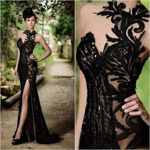 Formal Evening Dresses High Neck Prom Party Gown Floor-Length Sweep Train Applique Crystal Tulle Black long Thigh-High Slits Sexy Illusion