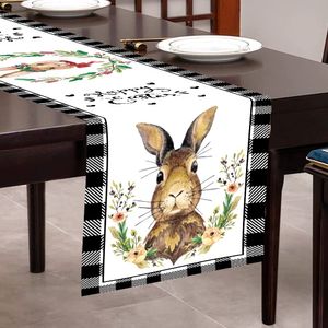 35*180 cm Polyster Buffalo Plaid Easter Table Runner Classic Black White Checker Rabbit Flower Tabloth för Spring Easter Party