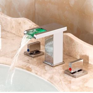 Bathroom Sink Faucets Modern LED 3 Pcs Widespread Waterfall Lavatory Faucet Square Deck Mounted 2 Handles