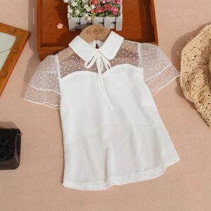 Girls' Summer Chiffon Blouse, White Short Sleeve Lace T-Shirt with Turndown Collar