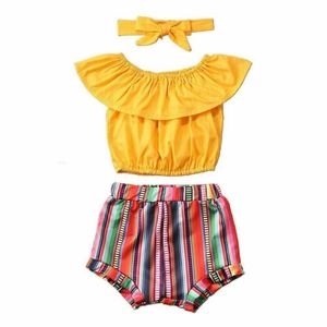 Kläder sätter baby sommar 1-6t 3st småbarn barnflickor kläder ruffle topp färgglada randiga shorts pannband outfit