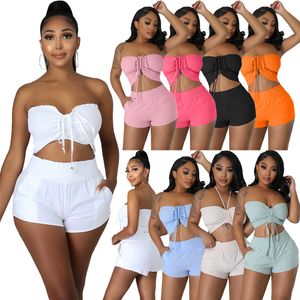 Designer Summer Outfits Women Tracksuits Plus size 3XL Two Pieces Sets Sexy Strapless Tank Crop Top and Shorts Sporswear Fitness Sweatsuits Wholesale Clothes 9584