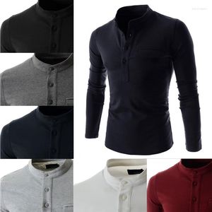 Men's T Shirts 2023 Casual T-shirt Men Long Sleeve Henley T-Shirts Slim Fit Pocket Flap Clothes Cotton Stand Collar Top Tees Shirt Bottoming