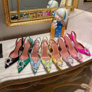 Amina Muaddi 드레스 슈즈 샌들 새틴 뾰족한 슬링 백 Bowtie Pumps Crystal-Sunflower High Heeled Shoe7cm 여성의 고급 디자이너 파티 웨딩 신발과 상자