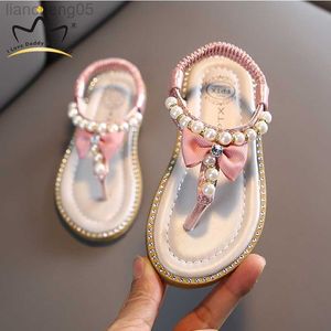 Sandaler sommar nya flickor sandaler söta bågar pärlor pu läder prinsessa flickor skor gummi ensam barn skor sandalier baby flicka sandaler w0327