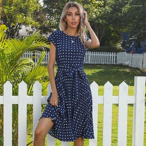 Sukienki swobodne Summer Midi Sukienka Polka Dot Black Sexy Belt Short Sleeve 2023 Żółte Sundress Ubrania wakacyjne dla kobiet