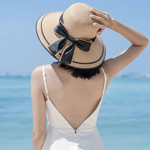 Wide Brim Hats Handmade Weave Sun For Women Black Ribbon Lace Up Large Straw Hat Outdoor Beach Summer Caps Ladies