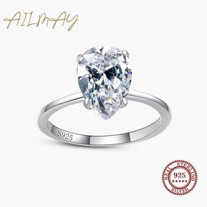 Band Rings Ailmay Real 925 Sterling Silver 3CT Pear Water Drop Spittling Clear CZ Ring For Women Wedding Statement Fine Silver Jewelry Z0327